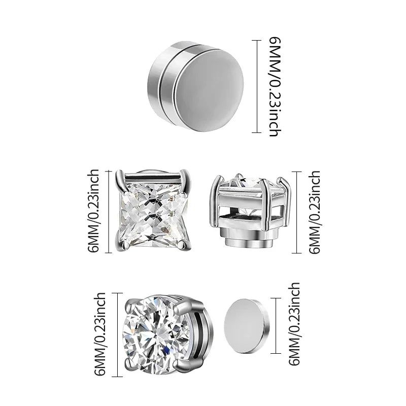 3 Pairs Crystal,  Strong Magnetic Ear Stud, Clip Earrings for Men and Women, Round  and square with 3 color choices for the framework.  Zircon, Magnet Earrings, Non Piercing Jewelry