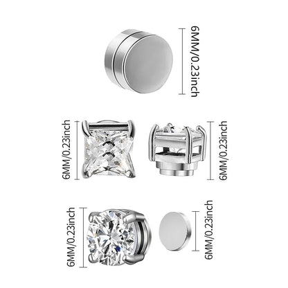 3 Pairs Crystal,  Strong Magnetic Ear Stud, Clip Earrings for Men and Women, Round  and square with 3 color choices for the framework.  Zircon, Magnet Earrings, Non Piercing Jewelry