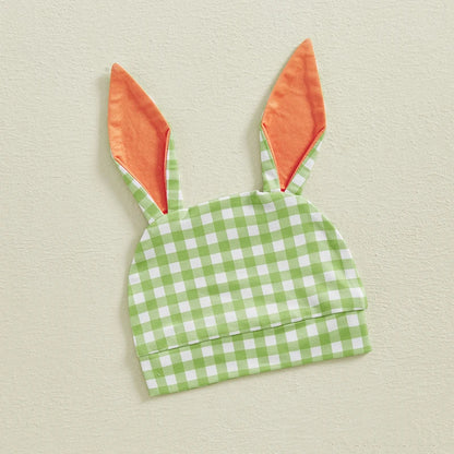 My First Easter Baby Boy Outfit,  Bunny Embroidery Farm Romper with  Plaid Overall,   Bunny  Earson  Hat.  Newborn Baby Easter Clothes