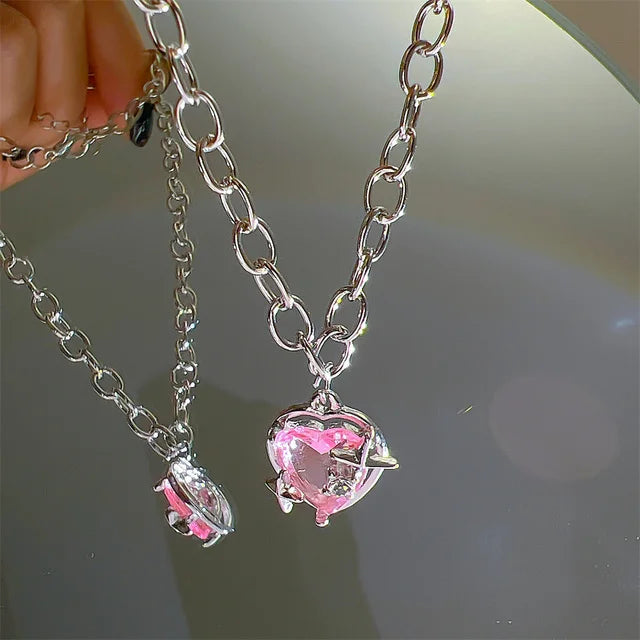 Pink Planet Heart Zircon Pendant Necklaces/ Women Fashion Aesthetic Clavicle Chain. Perfect Gift for MOTHERS DAY, Valentines Day, any special occasion