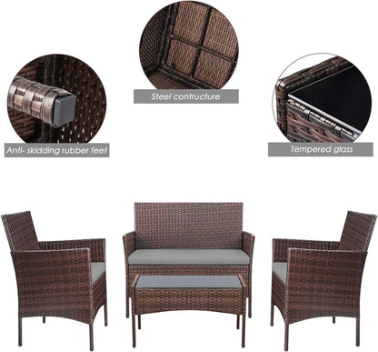 4 Pieces / Outdoor Patio Furniture Set with  Rattan Chairs,  Wicker Set, Outdoor / Indoor Use for  Backyard Porch,  Garden,  Poolside,  Balcony Furniture