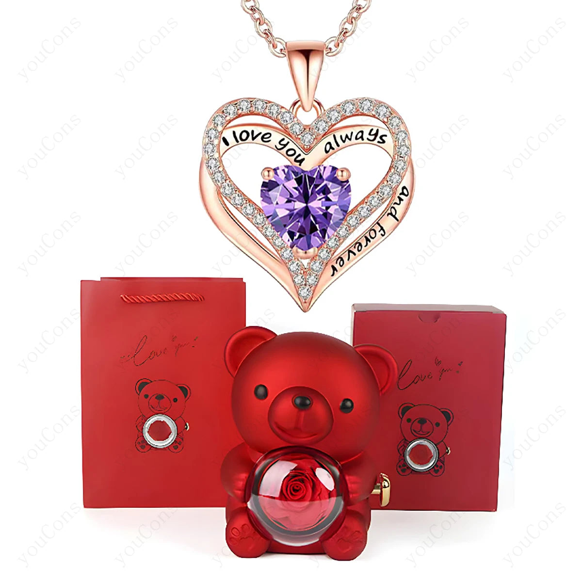 Red Heart Pendant Necklaces With Cute Bear Rose.  Gift Box For Women,  Mothers  Day 2026 Christmas Valentine Wedding Birthday Jewelry