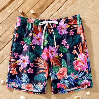 Matching  Family swimwear, Tropical Floral Print Set: Dad/Kid Shorts, Mom/Baby One-Piece Suits