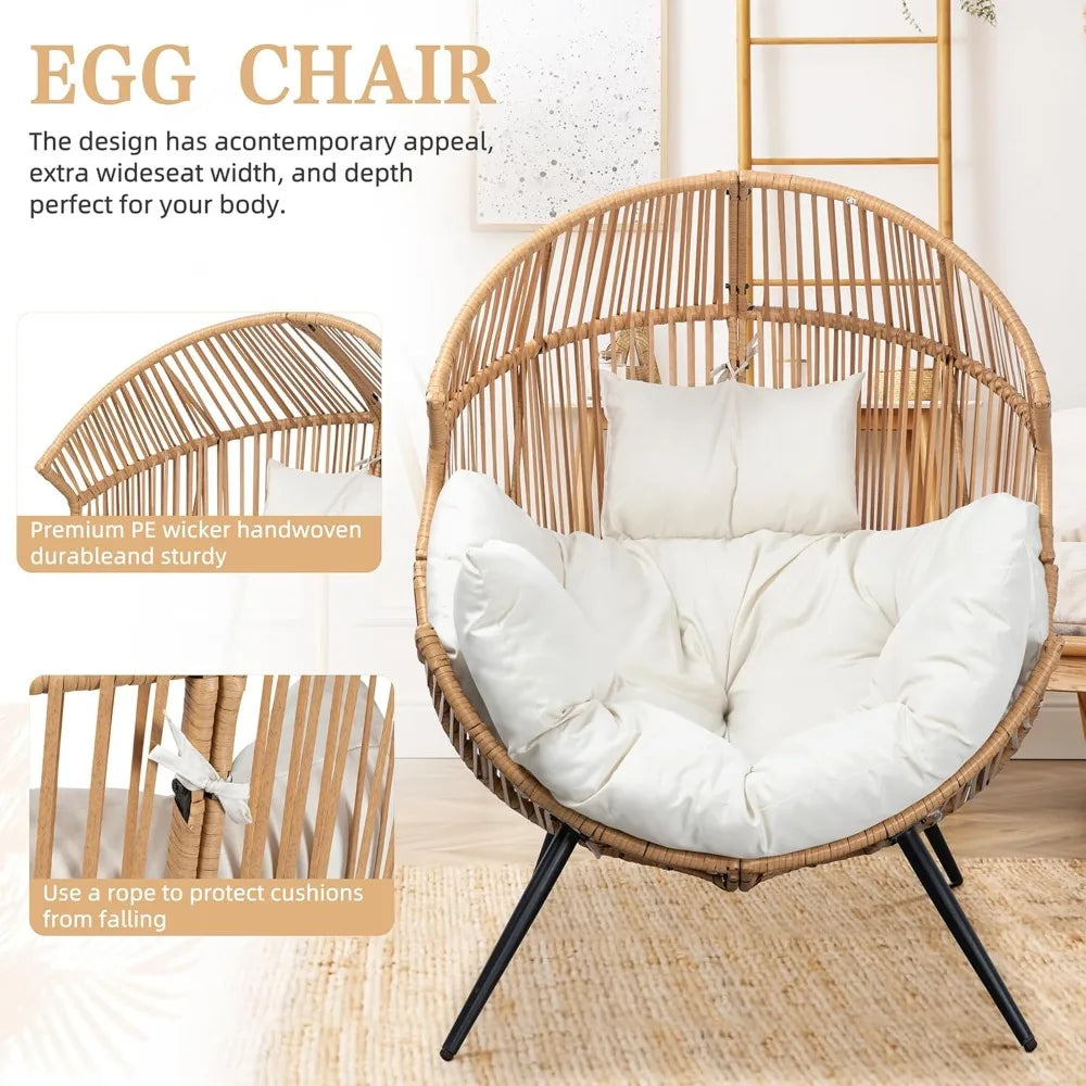 Outdoor Wicker Egg Chair with Cushion, Oversized Patio Lounge Chair for Garden, Balcony, Indoor & Outdoor Use, Beige