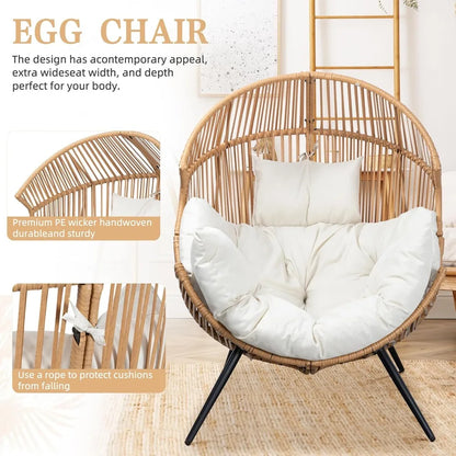 Outdoor Wicker Egg Chair with Cushion, Oversized Patio Lounge Chair for Garden, Balcony, Indoor & Outdoor Use, Beige