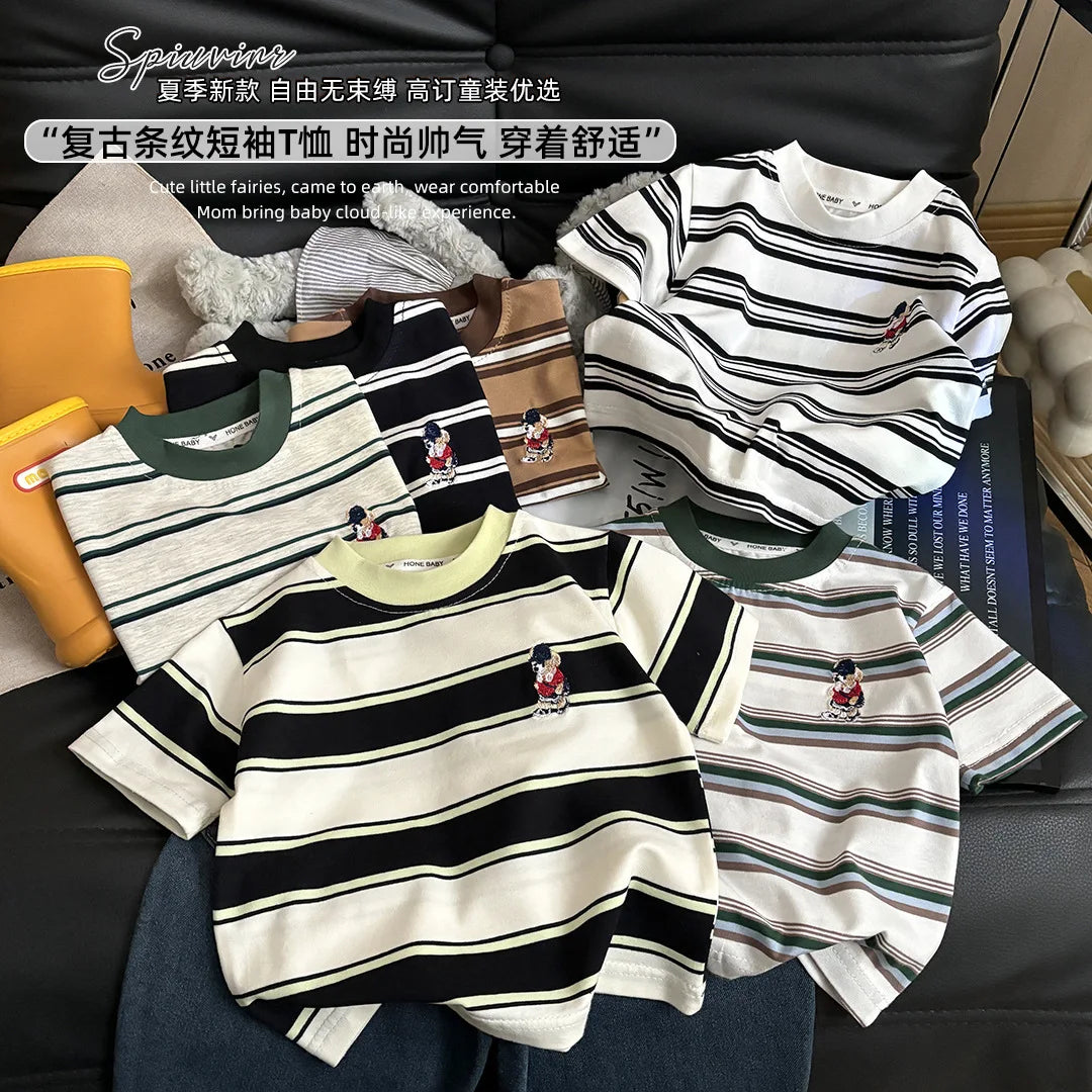 Summer Cotton Childrens Stripe Short Sleeve T-shirt For Boys and Girls.   Vintage Fashion Tops