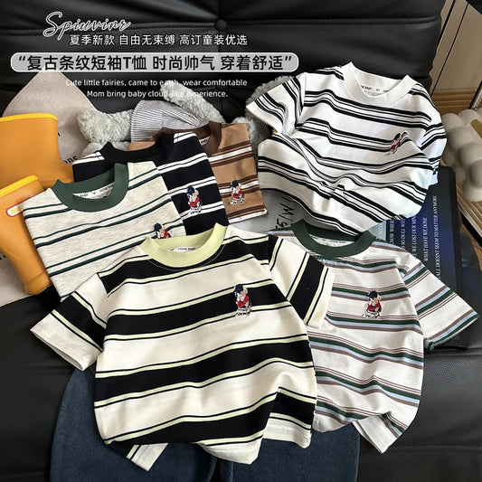 Summer Cotton Childrens Stripe Short Sleeve T-shirt For Boys and Girls.   Vintage Fashion Tops