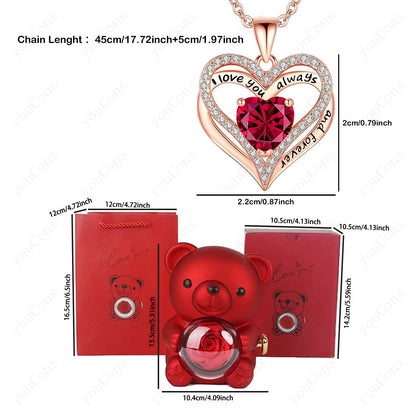Red Heart Pendant Necklaces With Cute Bear Rose.  Gift Box For Women,  Mothers  Day 2026 Christmas Valentine Wedding Birthday Jewelry