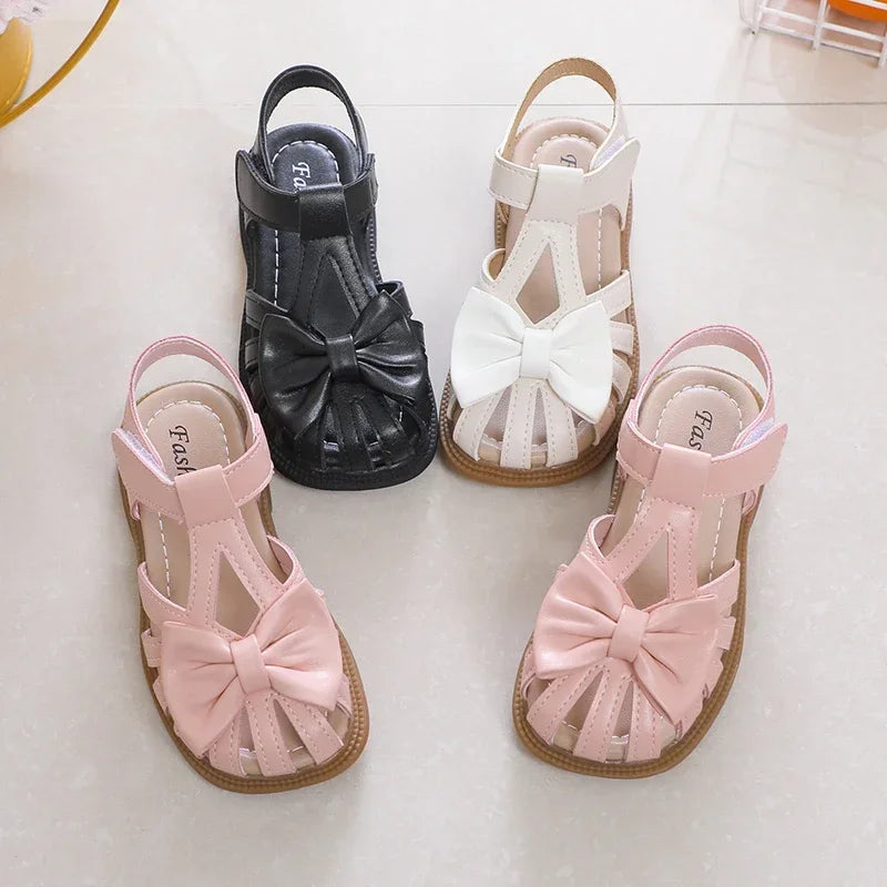 Cute Girls Sandals with Bow Peep-toe.  New Soft,  Hook & Loop Pink, and 3 other colors. Kids Princess Shoes,  Casual Sandals with  Non-slip feature