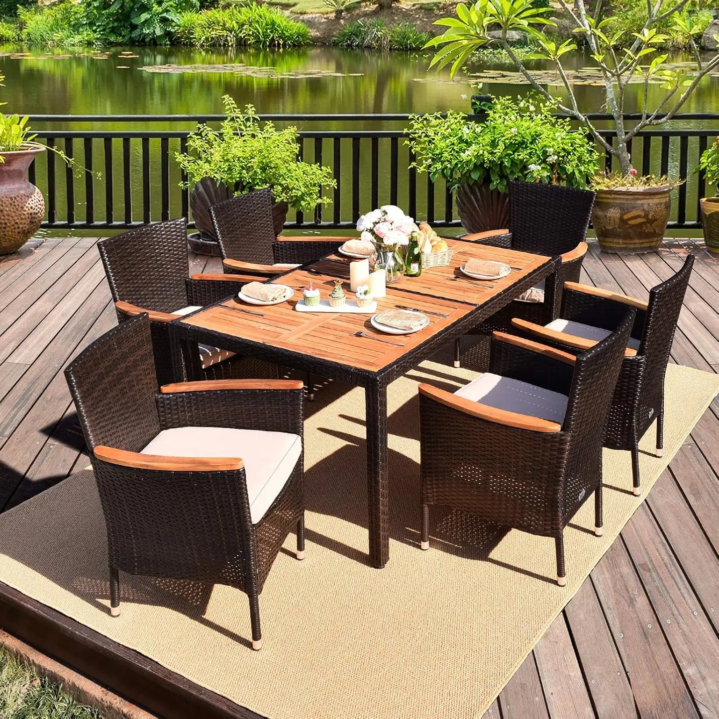 7 PCS Outdoor Patio Dining Set,  Dining Set w/Acacia Wood Table Top, Stackable Chairs with Soft Cushion, Poly -Wicker Dining Table