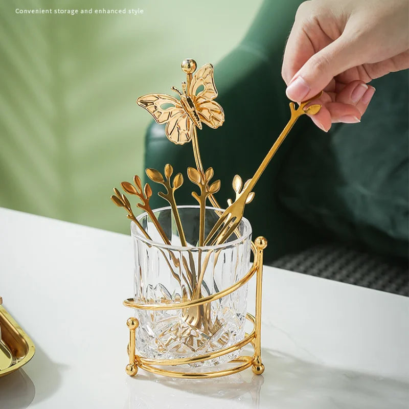 Stainless Steel Fruit Fork Spoon Set Tableware Storage Rack Golden Butterfly Cup Holder Home Dessert Cake Fork Home Decoration