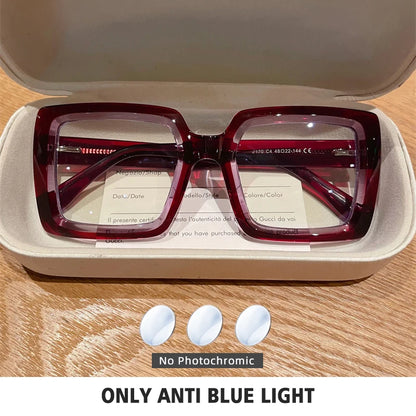 Square, Photochromic,  Blue-Light Blocking, Large Frame Eyeglasses, Reading Glasses Ladies Prescription Myopia Glasses