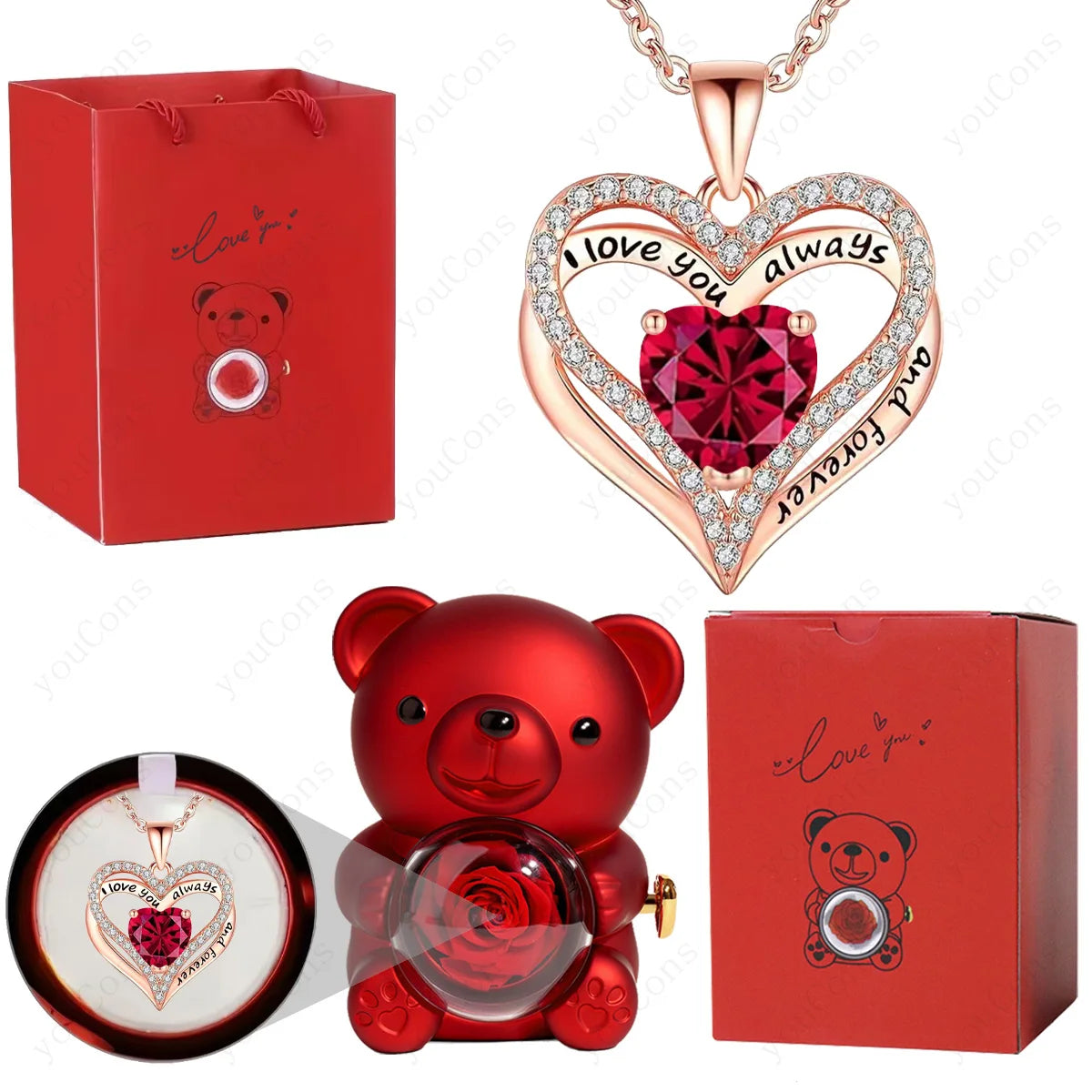 Red Heart Pendant Necklaces With Cute Bear Rose.  Gift Box For Women,  Mothers  Day 2026 Christmas Valentine Wedding Birthday Jewelry