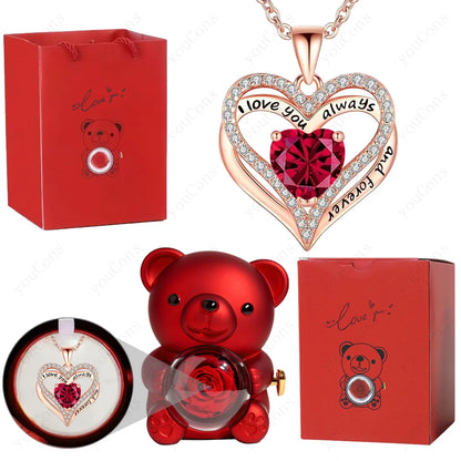Red Heart Pendant Necklaces With Cute Bear Rose.  Gift Box For Women,  Mothers  Day 2026 Christmas Valentine Wedding Birthday Jewelry
