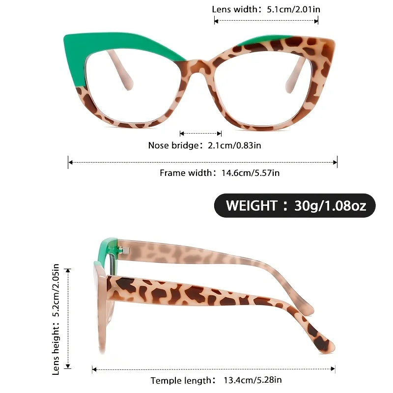New style Stylish Cat-Eye Glasses with Unique Blue Light Blocking Feature.   Retro-Style Eyewear Designed for Women with Color.  The only combination of color that isnt available is BLUE/LEOPARD.  Everything else is Very Good