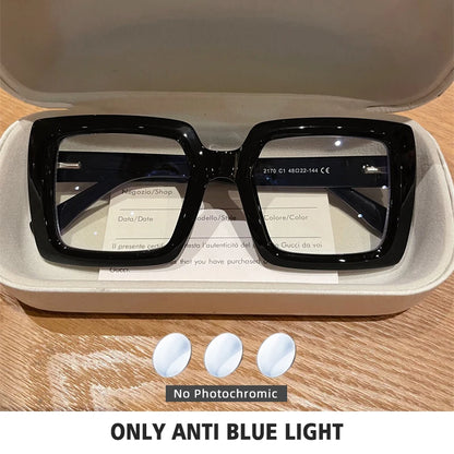 Square, Photochromic,  Blue-Light Blocking, Large Frame Eyeglasses, Reading Glasses Ladies Prescription Myopia Glasses