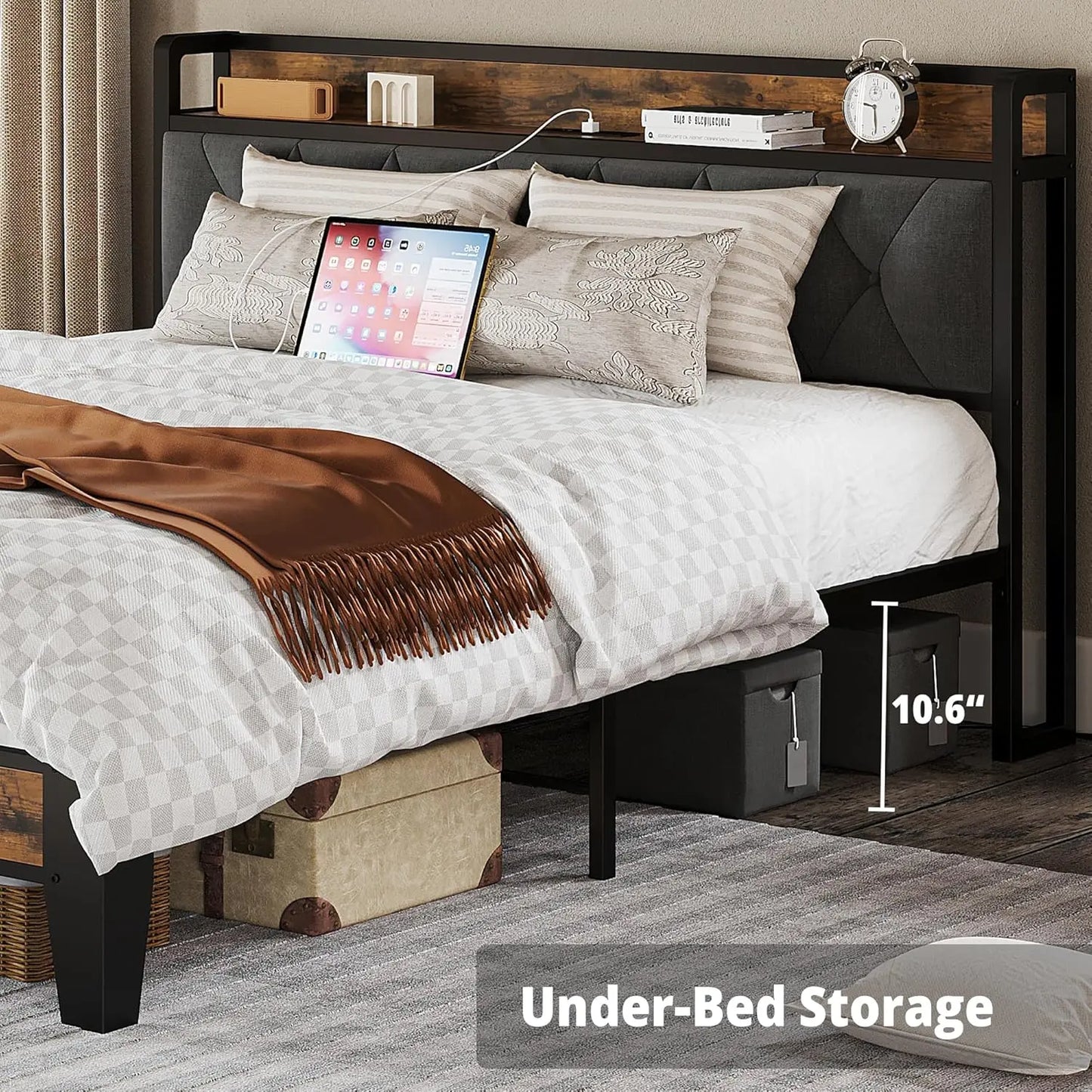 Twin/TwinXL/Full/Queen/King/California King Bed Frames, Storage Headboard with Outlets, No Noise, No Box Springs Needed