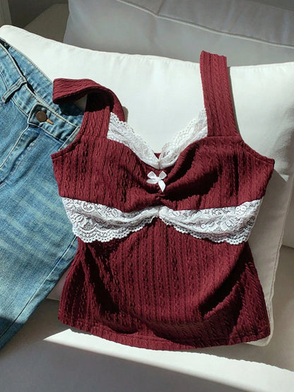, summer fashion patchwork,  lace bow decoration,  versatile top for warm weather