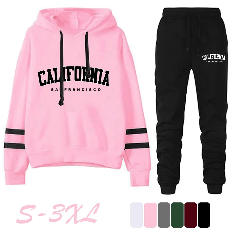 California Womens Tracksuit Casual Stripe on Versatile Hooded Sweatshirt or Pants or Suit.  Simplicity  for  Street Outfits S-3XL