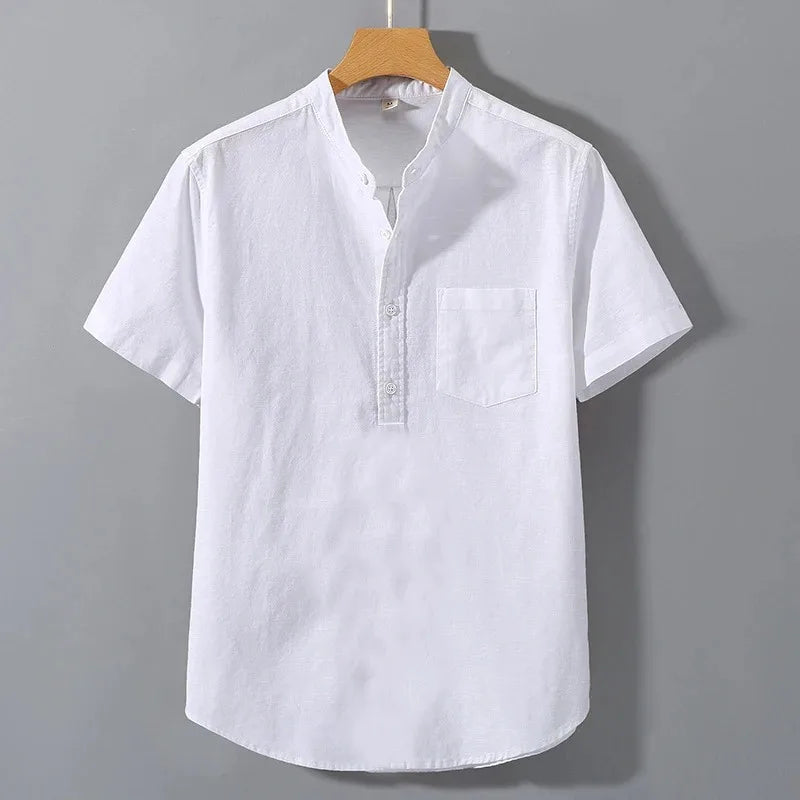 Mens Short Sleeve Shirts in  Solid Colors.   Stand Up Collar Shirt for Summer.   Trendy, Breathable,  Loose,  Basic Cotton Pocket