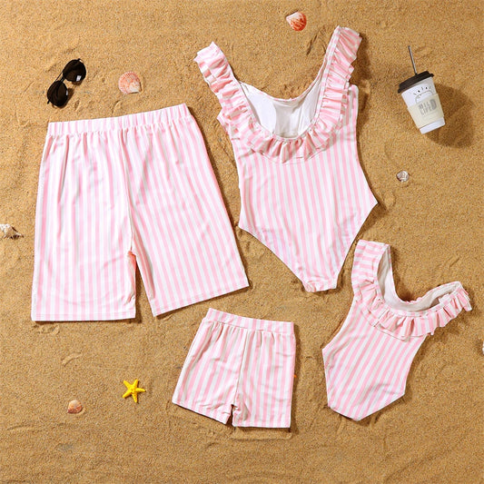 Mother- Daughter Matching Swimwear,  Ruffled and  Striped Mommy and Me Swimsuits.One-Piece Womens/ Girls Dresses