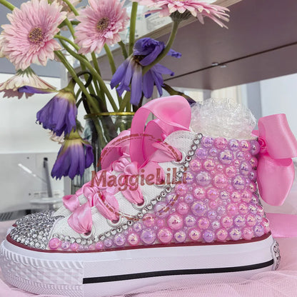 Handmade Rhinestones,  Bling  for Girls/ Womens /Kids And Mother Candy Canvas Shoes.   Pearl Sneakers For Girls Gift