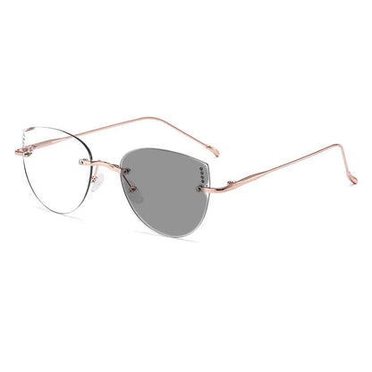High Quality Frameless Photochromic Myopia Glasses.   All Titanium, Ultra Light Cat Eye , Anti -Blue Light Glasses,  Diopter To -4.0