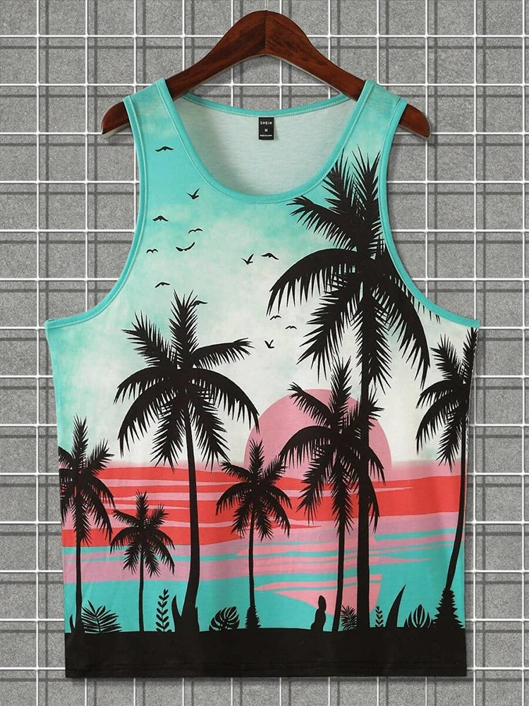 Summer Casual Men's Sleeveless T-shirts,One color bleeding into the next (in a gradient manner)and also VACATION Pictures/Island scenes and  Hawaiian  Land-scapes. Fashion O-Neck,  Tank Top for  Outdoor Beach or just loungin