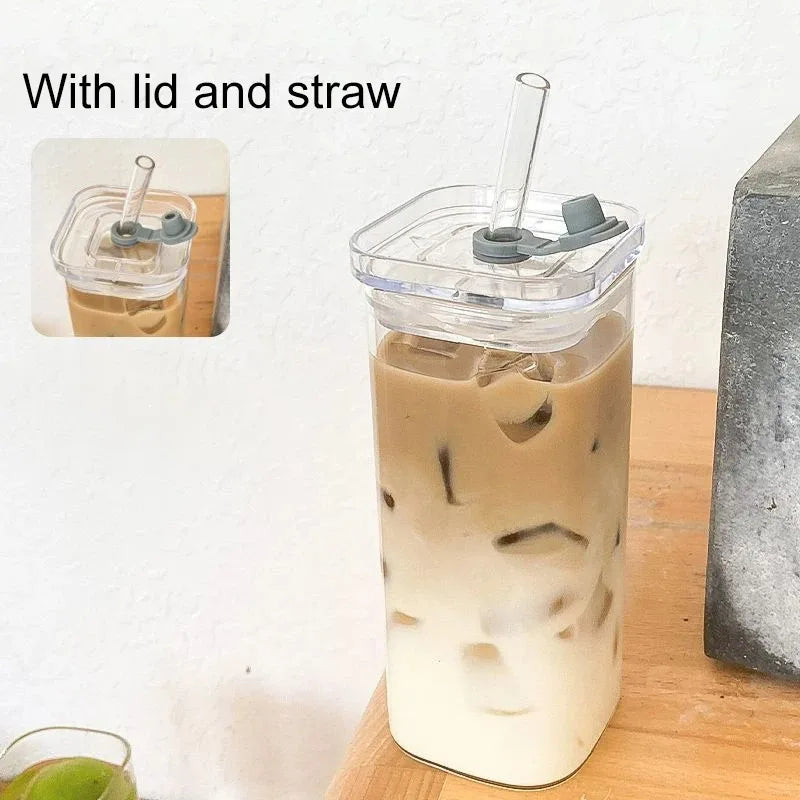 1Pcs Square,  Heat Resistant Coffee /Glass Cup With Lid and Straw, Transparent