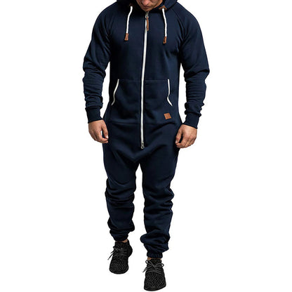 Men's Hooded Fleece Pyjamas Nightwear Autumn Winter Warm Long Sleeve Full Zipper Overalls Night Clothes