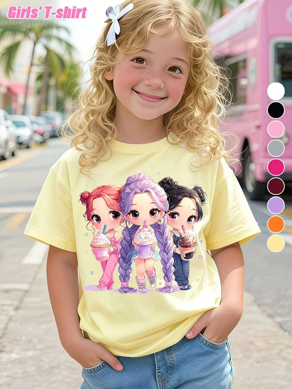 Summer, Kpop Popular Cartoon Print,  Children's Design,  Casual Style,  Round Neck,  Short Sleeved Top,  Kids Clothes