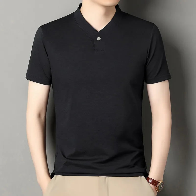 2026 Men's Casual and Fashionable One Button V-neck,  Solid Colors to choose from,  Short Sleeved T-shirt for Summer.
