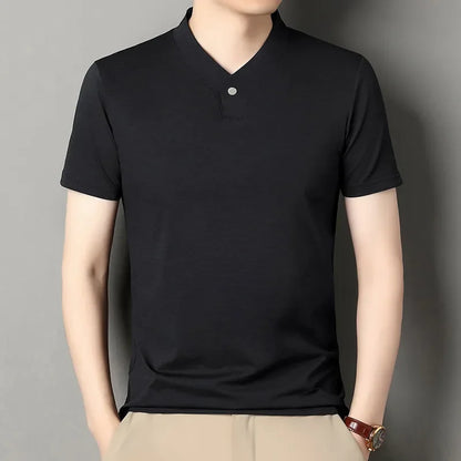 2026 Men's Casual and Fashionable One Button V-neck,  Solid Colors to choose from,  Short Sleeved T-shirt for Summer.