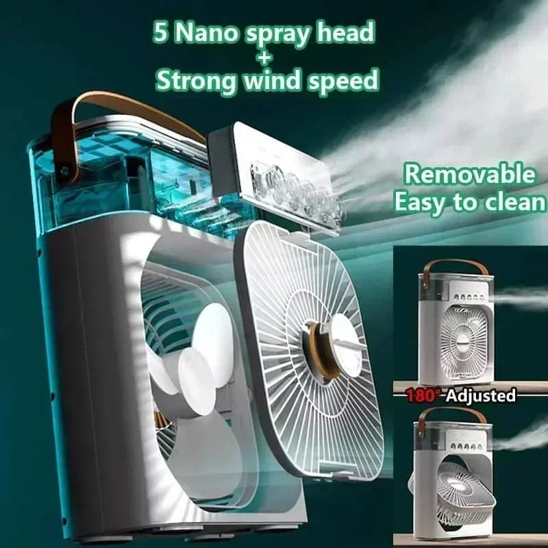 New 3 In 1 Fan AIr Conditioner Household Mini Air Cooler.   LED Night Light Portable Humidifier Air Adjustment Fan for  Home/Office, Car, Outside. Black is the most available color, white is lower in quantity but still good.
