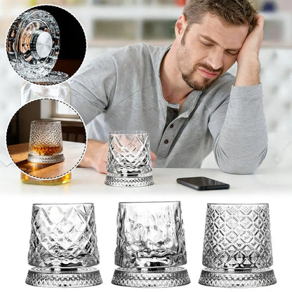 280ml Crystal Rotating Whiskey Glass with Base Ice Flower Bubble Pattern 360° Spinning Glassware For Home Bar Party Wedding