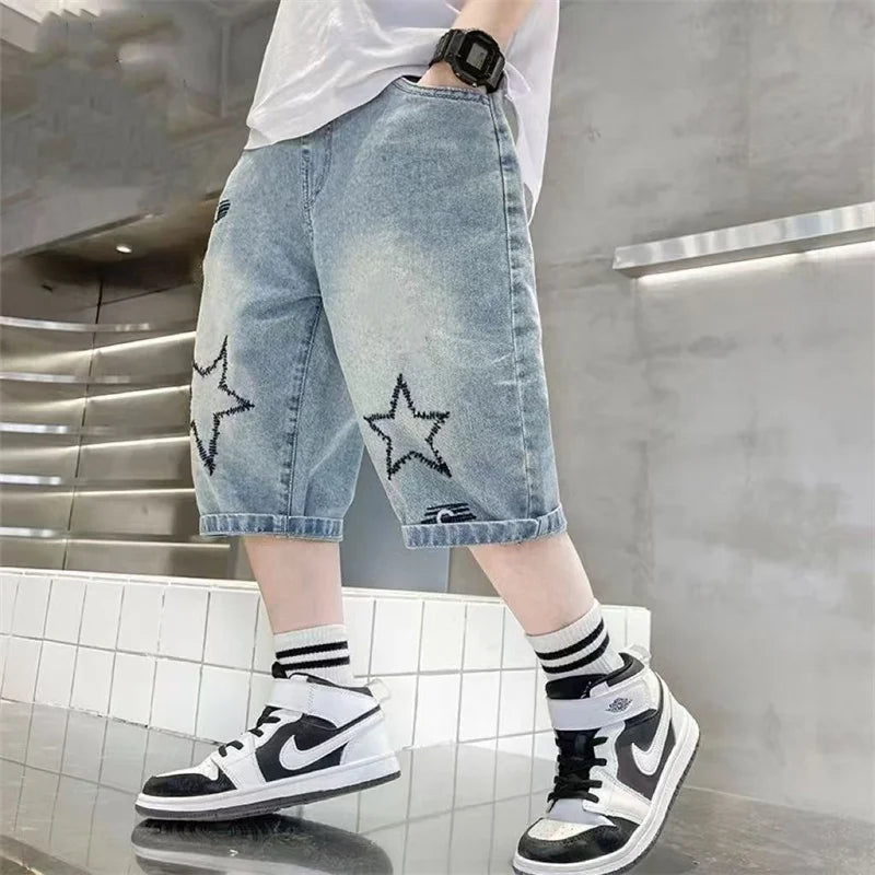 Boys Denim Shorts,  Summer,  Loose-Fit Pants,  Wide-leg Knee-Length Jeans  Lightweight Clothing