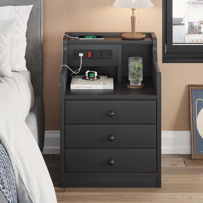Nightstand with Charging Station, with Hutch & Storage Drawers.   End Table, Side Table,  Bedroom, Office
