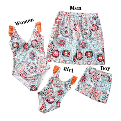 Summer Mommy and Daddy /Son/ Daughter Clothes, Family Matching Outfits Leaf Printing Swimwear