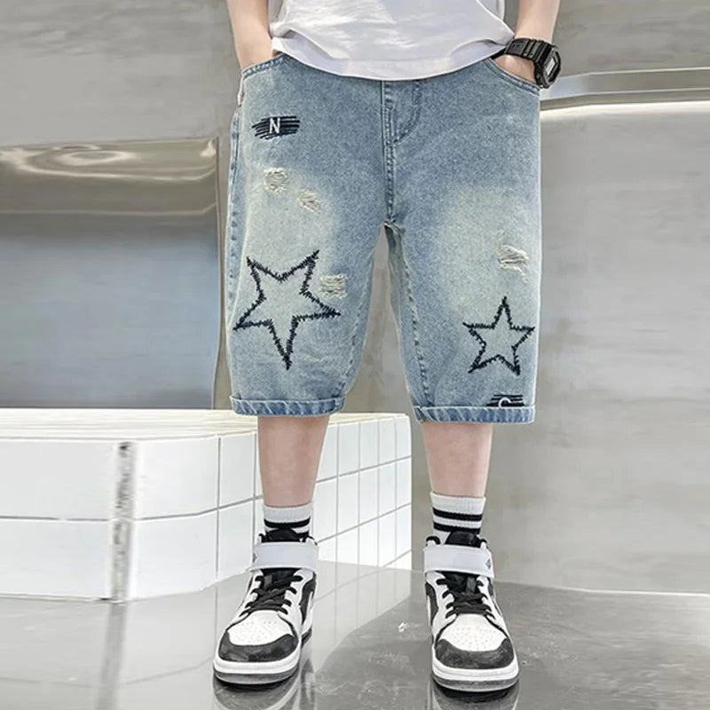 Boys Denim Shorts,  Summer,  Loose-Fit Pants,  Wide-leg Knee-Length Jeans  Lightweight Clothing