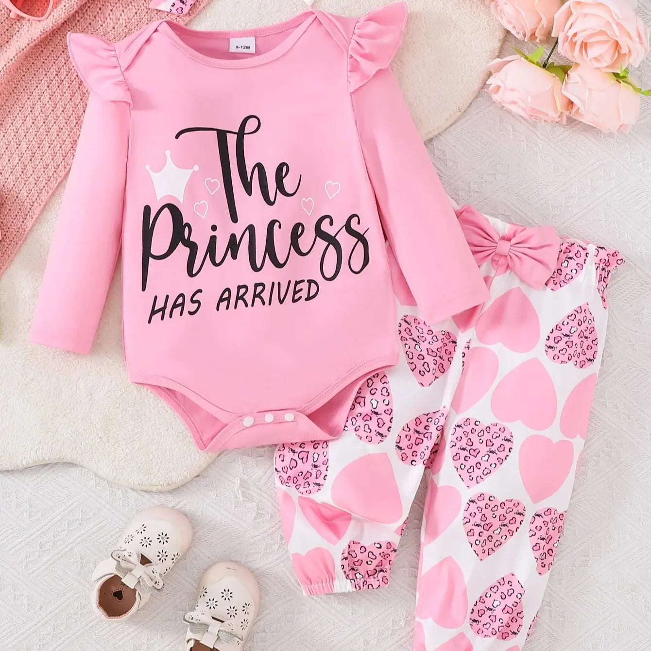 Girls Spring/ spring .Casual Long Sleeve Letter Print.    Pink Triangle Romper, Long Pants,  Headscarf Set