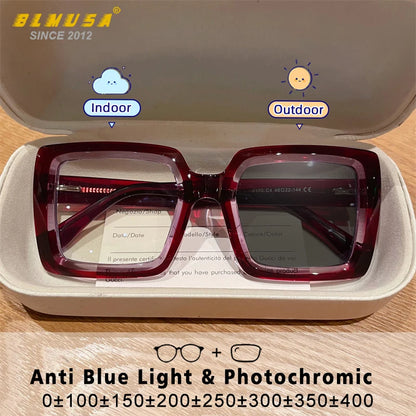 Square, Photochromic,  Blue-Light Blocking, Large Frame Eyeglasses, Reading Glasses Ladies Prescription Myopia Glasses