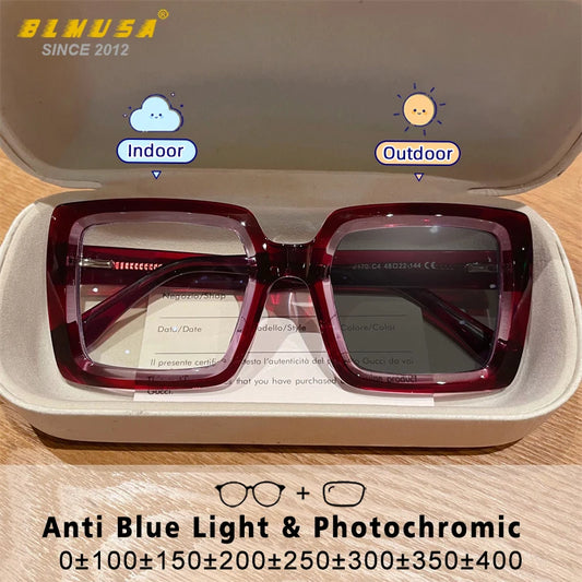 Square, Photochromic,  Blue-Light Blocking, Large Frame Eyeglasses, Reading Glasses Ladies Prescription Myopia Glasses