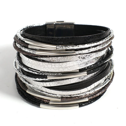Trendy Metal Tube Leather Bracelet for Women /Men.  Chunky Glitter Filled Slim Multilayer Wrap Wide Bracelets. Nice JewelryGift