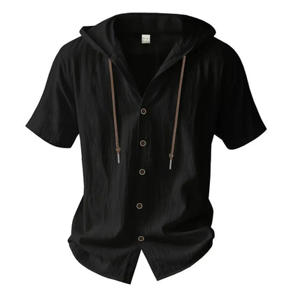 Cotton Linen Shirt for Men, Hooded,  Short Sleeve,  Solid Colors, Breathable and Lightweight with Drawstring Design.