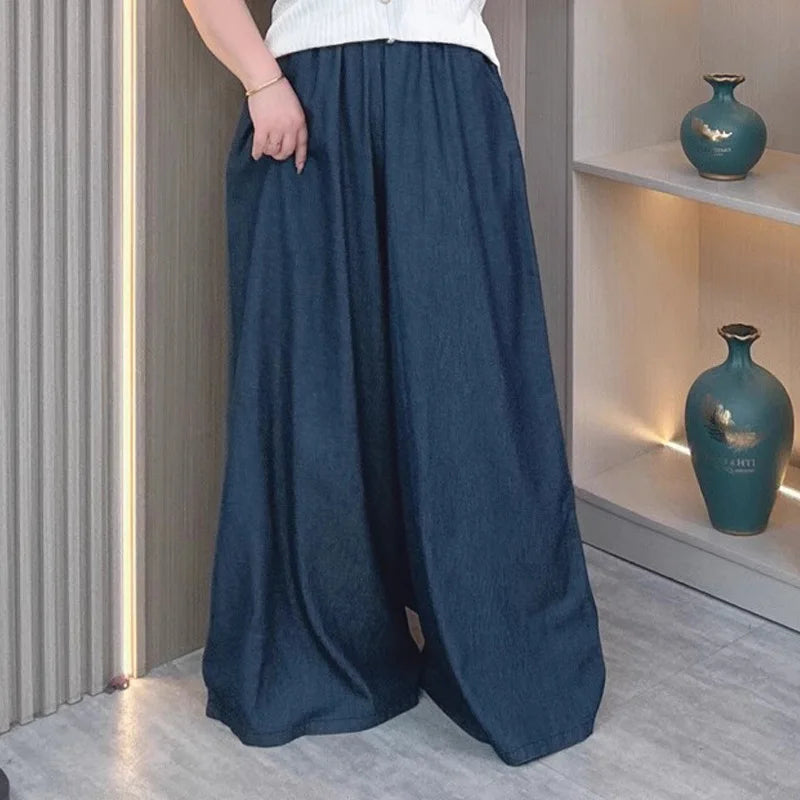 Women's Plus Size Lightweight Lyocell Jeans/Culottes High Waisted, Wide Leg Pants With Draped Ice Silk Fabric For Spring Summer