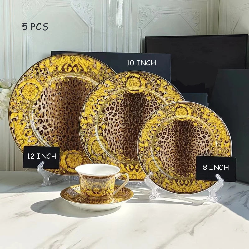 Golden Edge Luxury Tableware Set, Western Dinner Plate, Steak Flat Tray, Bone China Dinnerware Set, Coffee Cup, 10 ", 8" plates