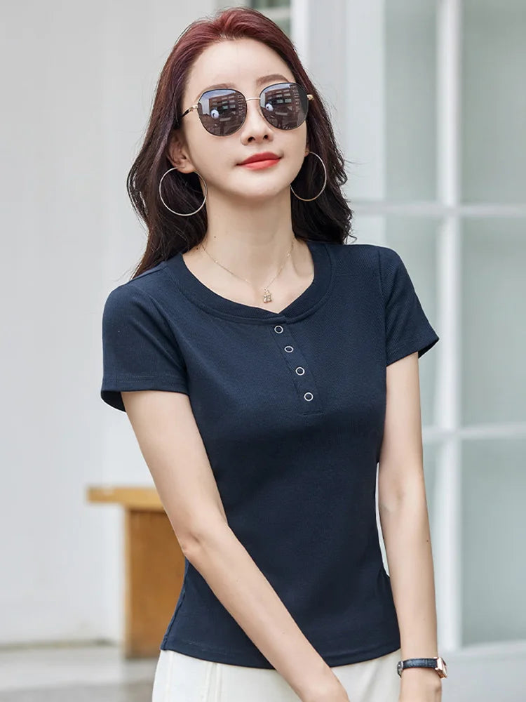 New Women Casual T-shirt Summer Fashion O-Neck Short Sleeve Solid Color Slim Tees Simplicity Basic Short T-shirt Female 4 colors, well-stocked.
