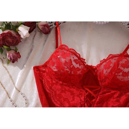 Sexy Bra And Garter Belt Lingerie  in Hot Red.   Babydoll Dress  for Women.  Exquisite 3-Piece Set Nightwear Set
