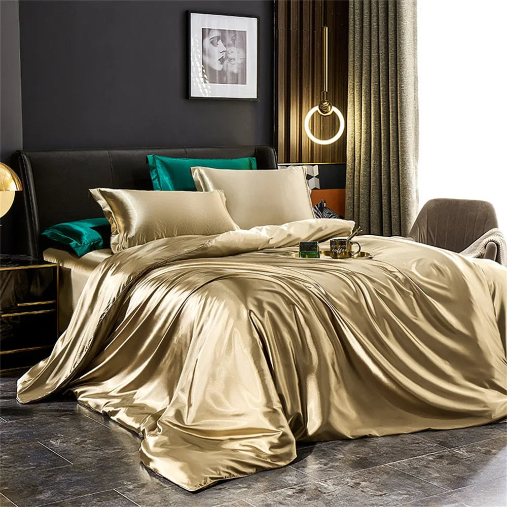 Solid Silk Bedding Set with Duvet Cover, Bed Sheet, 2 Pillowcases Luxury Satin Single Double Bedsheet King Queen Twin Size
