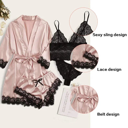 4 Pieces of Womens Sleepwear. Pajamas Set With Robe Sexy Lace Lingerie including 3 more Silk Satin Home  Nightwear.  HAPPY MOTHERS DAY!!!